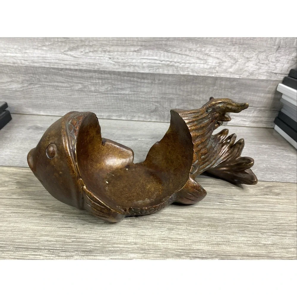 Japanese Fish Bowl Sculpture, Vintage Resin Wood‎ Look Koi Candle Holder